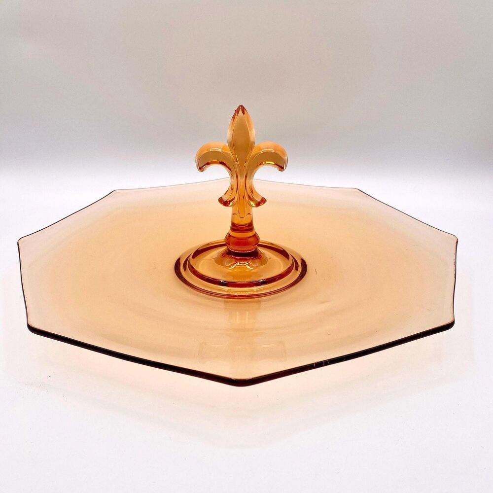 Fostoria Pioneer Amber Glass Serving Dish: Fleur de Lis Handle, Octagon 12”